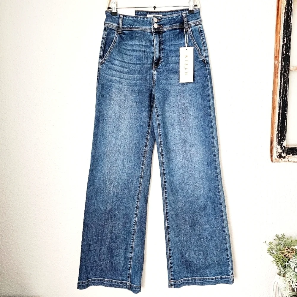 RISEN HR Dark Wash Wide Leg Jeans Double Button Trouser Style Denim 9/29 NEW